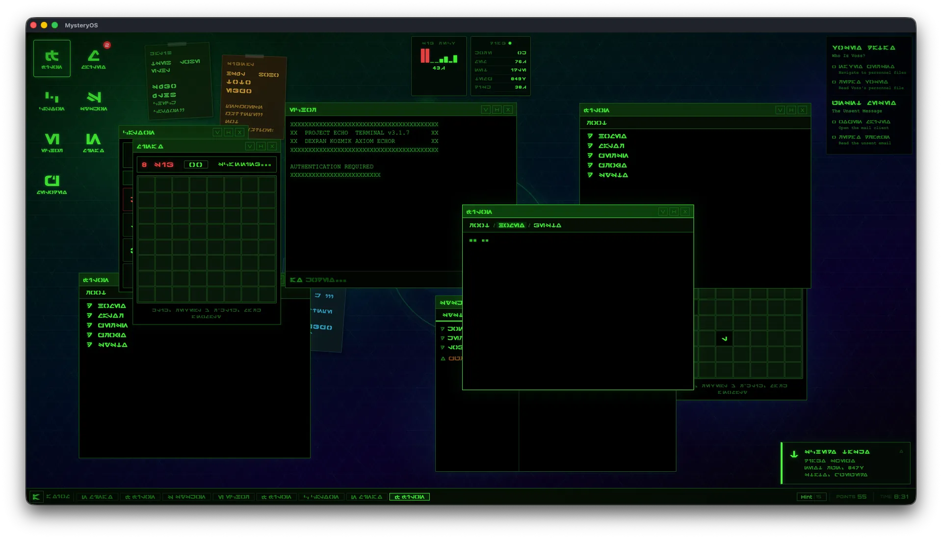 AXIOM/1 alien terminal with constructed language interface and file browser